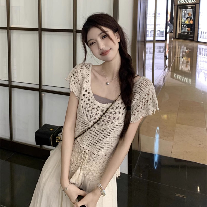 法式钩花镂空短袖针织衫女夏季慵懒风小众叠穿罩衫chic小飞袖上衣