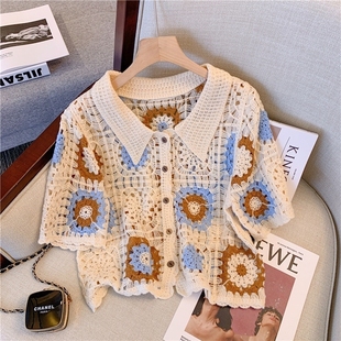 2025早春性感镂空针织衫短款上衣女高级感法式毛巾绣短袖网红衬衫