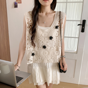 针织镂空吊带女夏季薄款外穿2026新款宽松遮肚子马夹蕾丝背心马甲