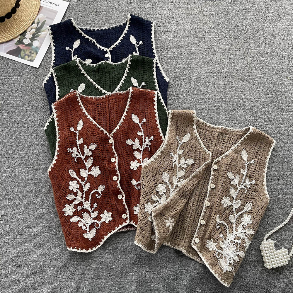 2025春夏设计感小马甲女钩花刺绣V领无袖背心女针织叠穿外搭开衫