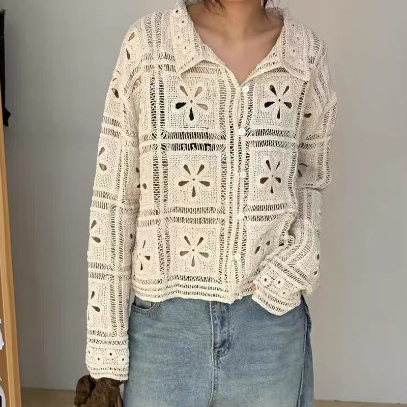 polo领正肩针织镂空针织衫女2025新款早秋休闲长袖巨好看开衫上衣,女装/女士精品,毛针织衫,淘宝优惠券,粉丝福利购,淘宝优惠卷
