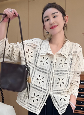 2025年早秋新款韩版钩花镂空针织长袖开衫女小众气质减龄翻领上衣