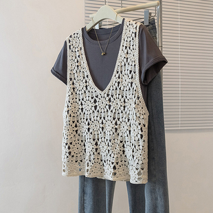 2025夏季韩版纯棉编织法式v领钩花镂空背心叠穿外搭宽松马甲上衣