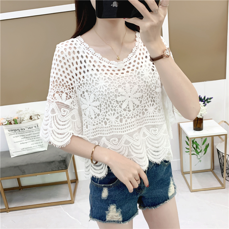 2025春夏新款钩花镂空蕾丝衫中袖短款罩衣女超仙洋气套头泳衣罩衫