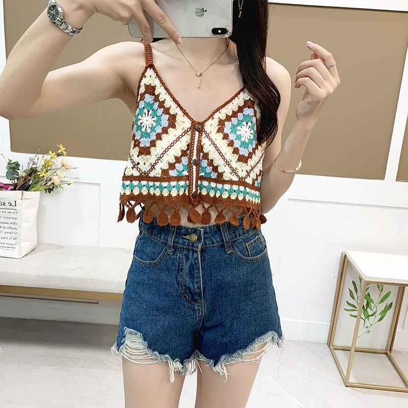 泰式辣妹钩花镂空针织吊带小背心女夏性感外穿无袖上衣小个子外搭