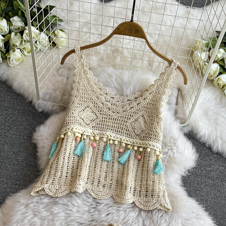 韩国chic夏度假民族风吊带女2025新款设计感针织镂空流苏纯棉背心