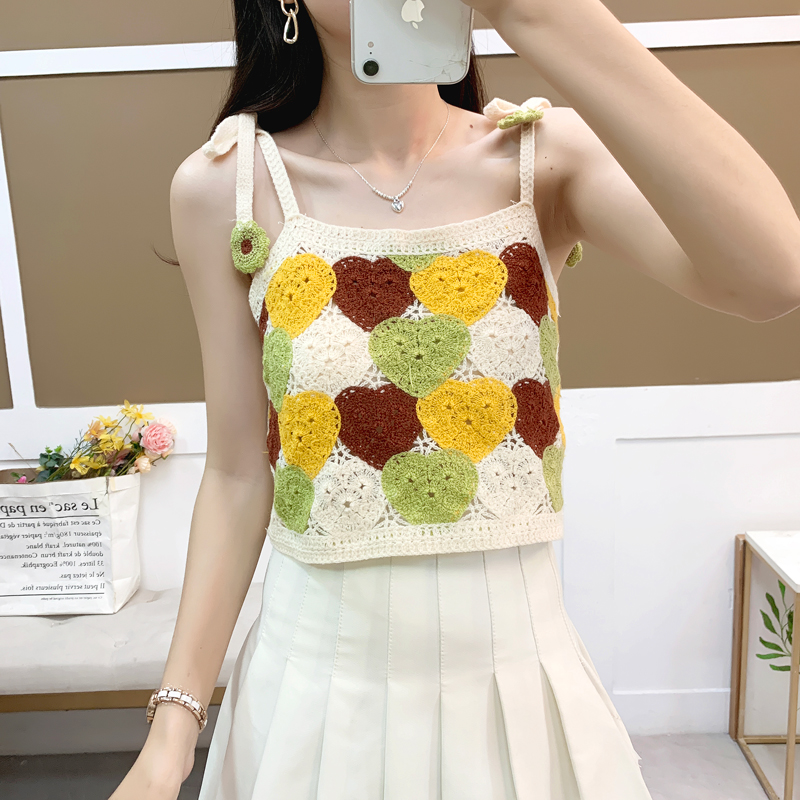 民族风针织小吊带镂空绣花背心