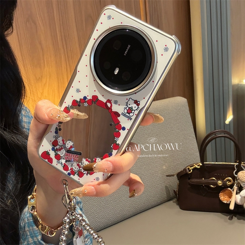 可爱镜面草莓kt猫挂件链条适用mate70pro华为手机壳mate60/50pro创意60pro防摔套pura70pro女款p60