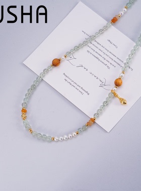 水晶珍珠项链手工时尚百搭黄色彩色单圈长链 AC46