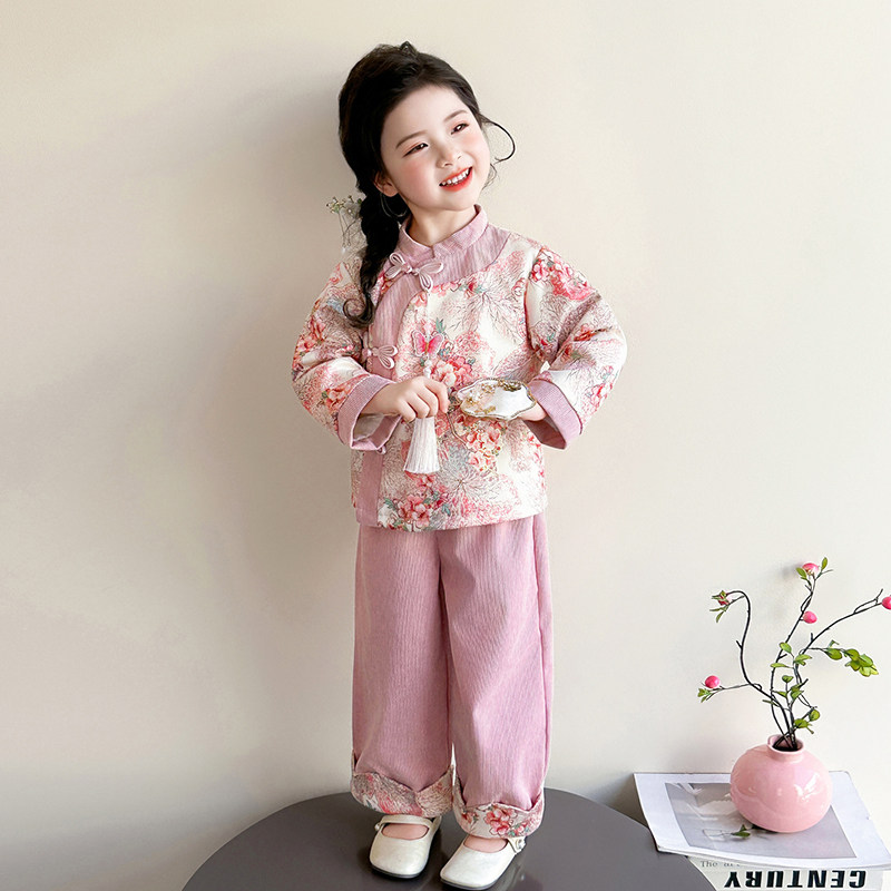 女童春秋装2026新款洋气唐装儿童民族衣服套装女宝宝汉服两件套HM