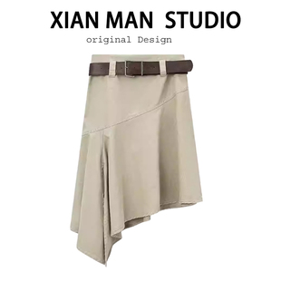 「风曳墨漪」压褶A字气质半身裙春高腰休闲不规则开叉百搭中长裙