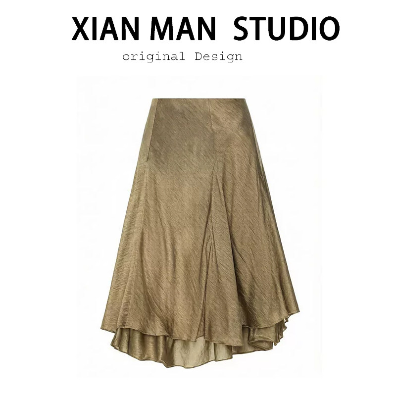 XMAN 轻薄醋酸晶丝肌理感褶皱卡其绿双层木耳边半身裙复古中长裙