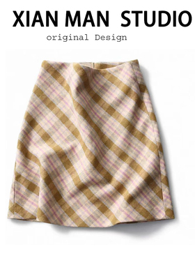 “彩色方糖”复古时髦百搭格纹休闲毛呢春季新款高腰A字半身中裙