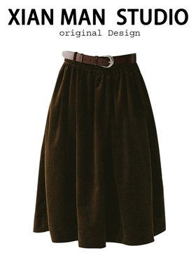 复古灯芯绒手工捏褶蓬蓬半身裙女秋季小众独特别致显瘦百搭A字裙