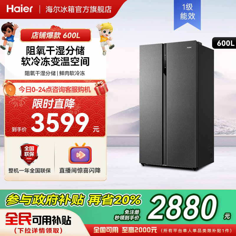 海尔600L对开双门家用大容量风冷无霜一级能效变频冰箱官方旗舰店