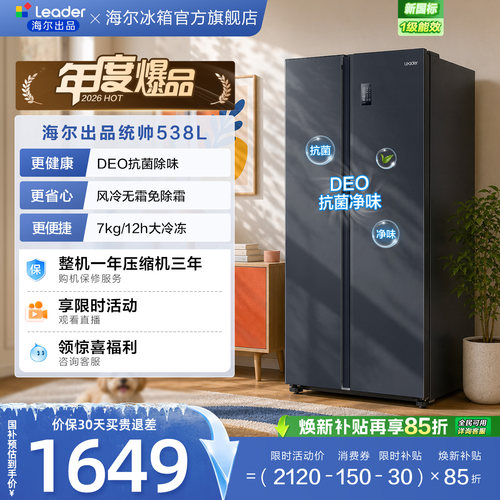 国家补贴海尔出品统帅538L对开双开门无霜一级变频大容量家用冰箱
