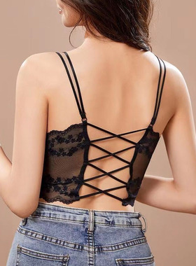 性感胸前交叉吊带抹胸式防走光可外穿百搭黑色蕾丝后背镂空内衣女