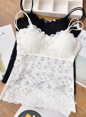 二件装加大码胖MM蕾丝美背长款打底显瘦背心女胸垫防走光黑色上衣