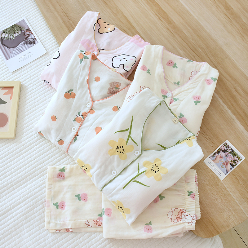 纱布睡衣带胸垫纯棉睡衣套