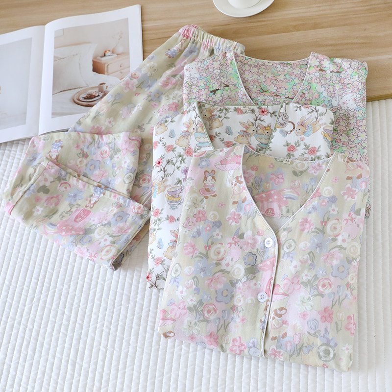 免文胸全棉双层纱布女睡衣套装中裤短袖长裤七分裤带胸垫夏季薄款,女士内衣/男士内衣/家居服,睡衣/家居服套装,淘宝优惠券,粉丝福利购,淘宝优惠卷