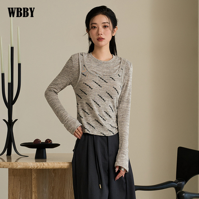 小众植绒字母假两件上衣秋冬新款