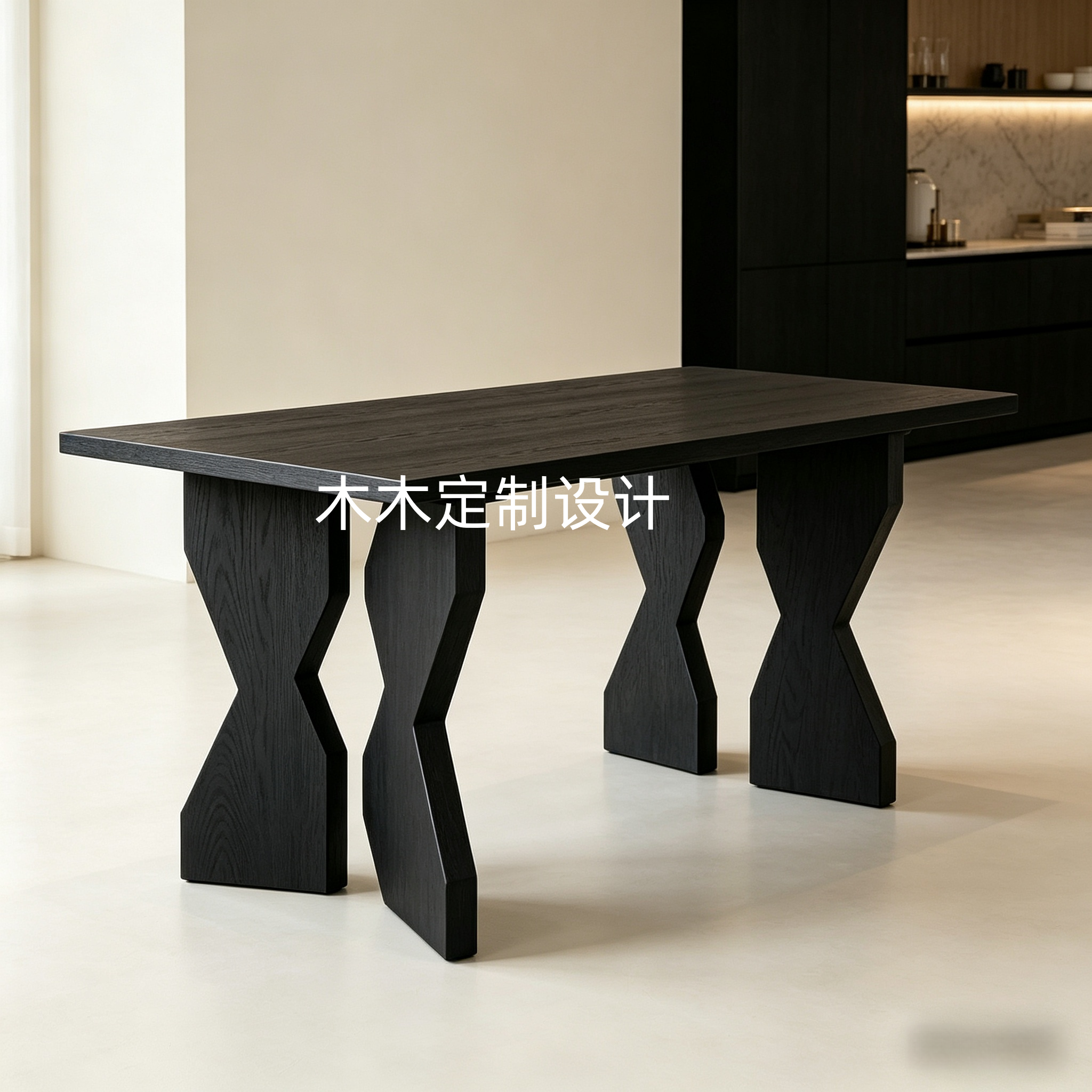 北欧实木餐桌设计师款简约侘寂风家用办公桌岛台黑色长方形桌子