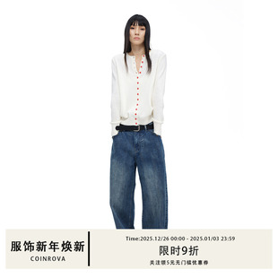 宽松显瘦裤 阔腿裤 子 直筒裤 COINROVA复古蓝撞钉百搭深蓝色牛仔裤