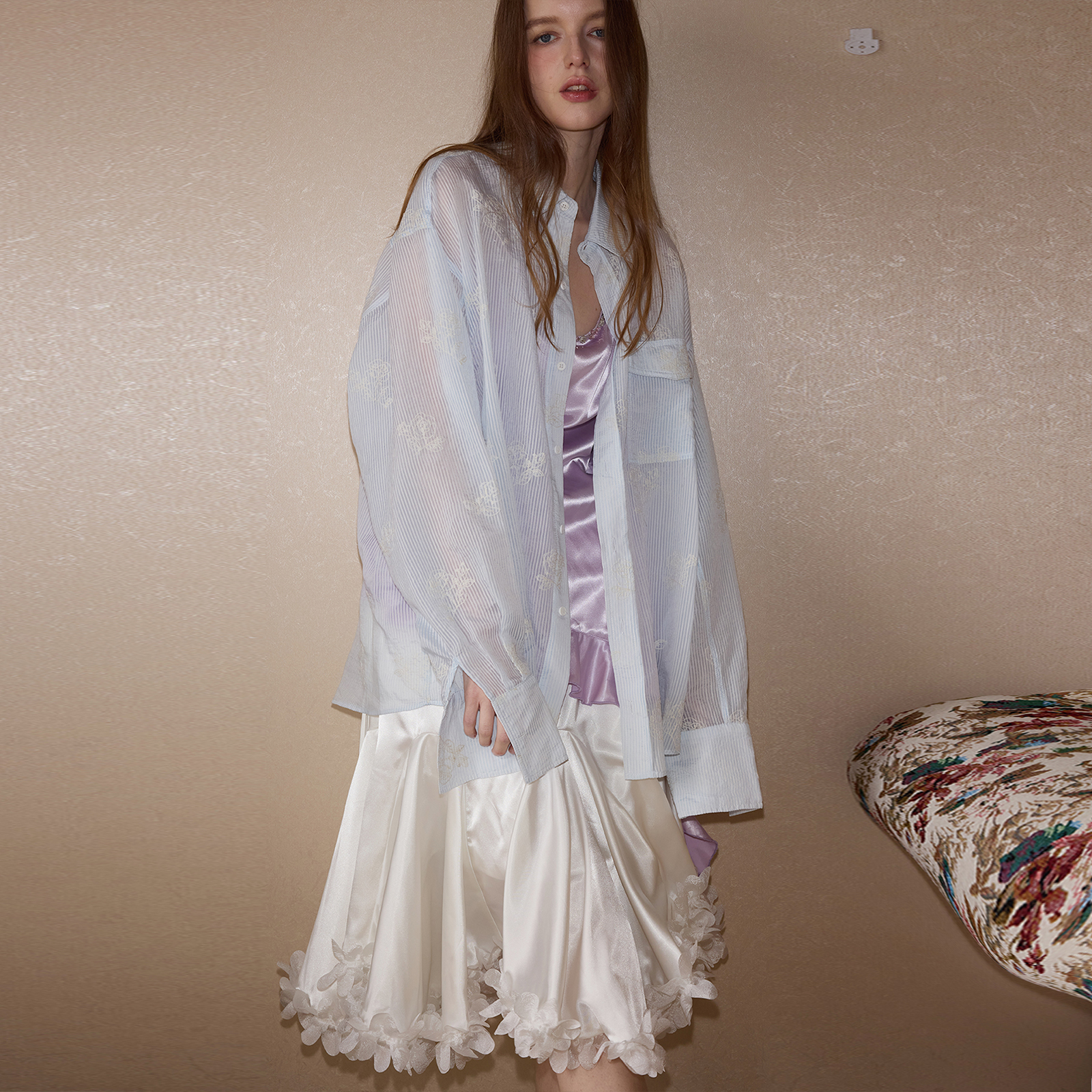 【itsdani】COINROVA 浅蓝色条纹刺绣衬衫防晒衫夏季薄款微透长袖