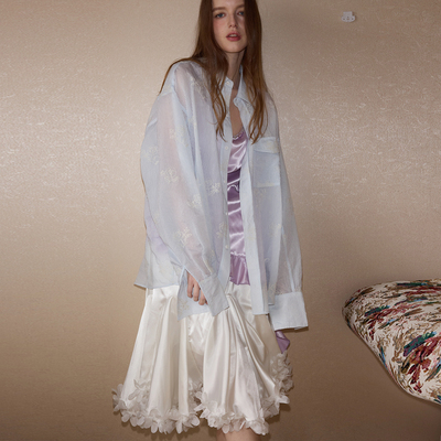 【itsdani】COINROVA 浅蓝色条纹刺绣衬衫防晒衫夏季薄款微透长袖