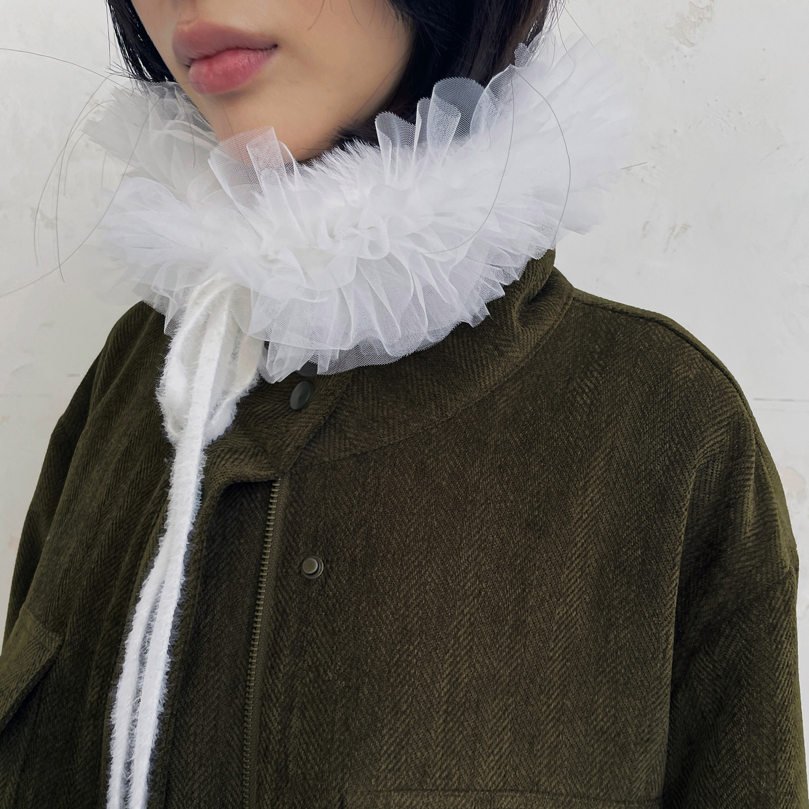 多层网纱拼接毛绒褶皱花边系带拉夫领围巾 搭配氛围感装饰围脖