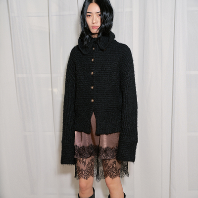 COINROVA立领羊毛混纺堆堆领翻边袖毛衣温暖感粗针开衫