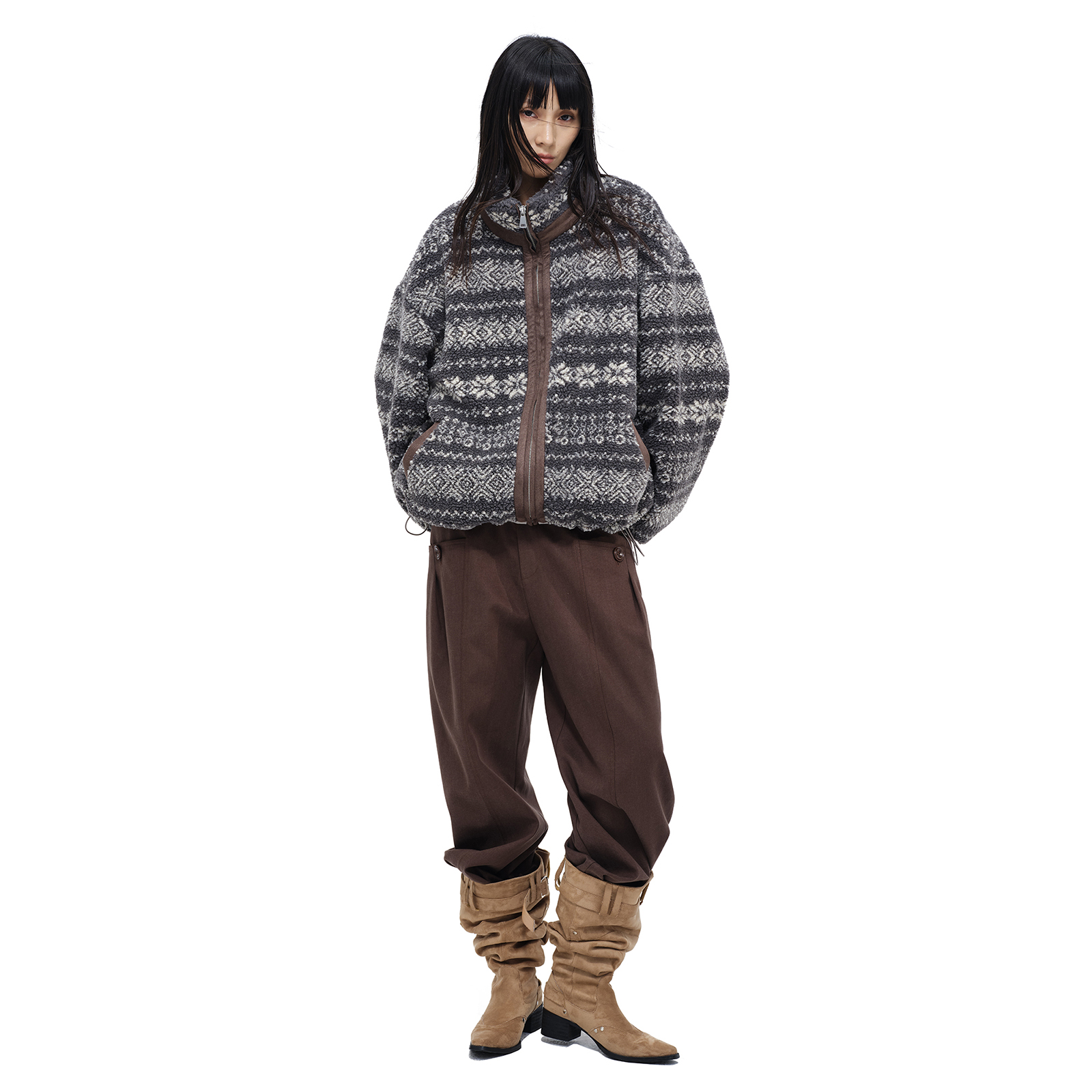 COINROVA 费尔岛拼色羊羔毛外套毛绒宽松有质感加厚外套加绒保暖