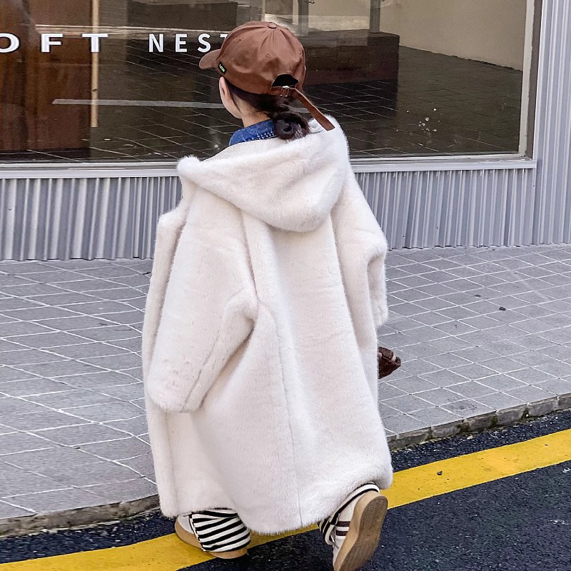 女童皮毛一体外套冬季儿童棉服连帽仿皮草宝宝貂毛毛绒大衣中大童