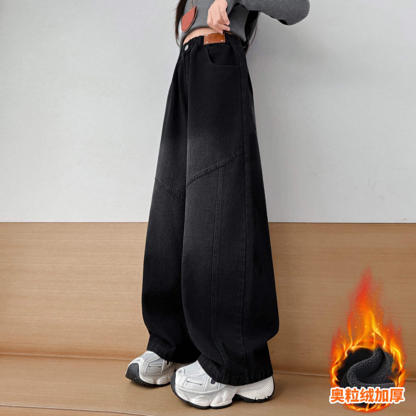 女童冬季加绒裤子拼接牛仔弯刀裤