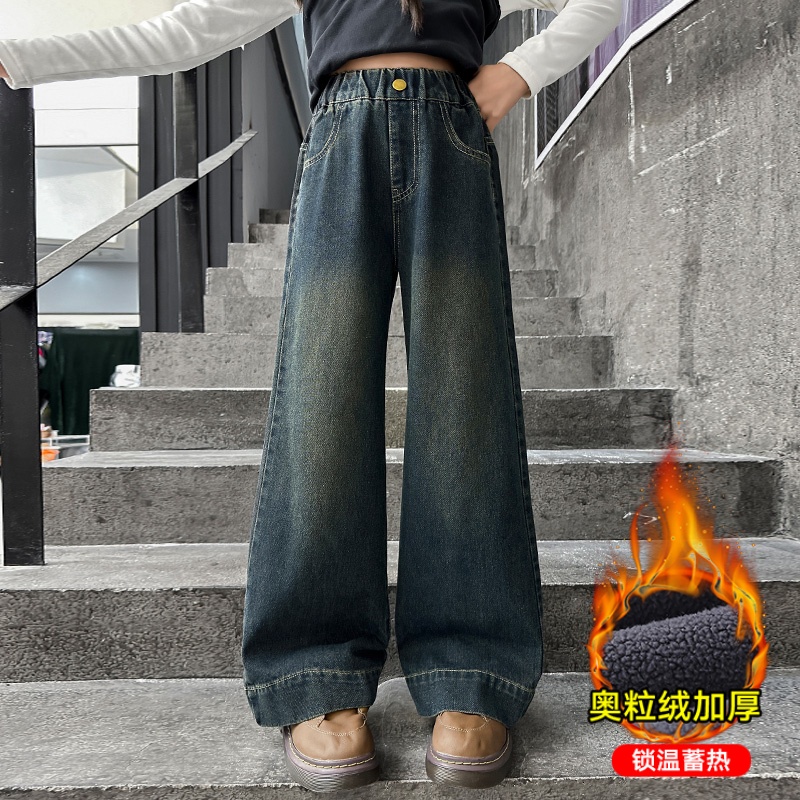 女童加绒裤子秋冬儿童牛仔阔腿裤