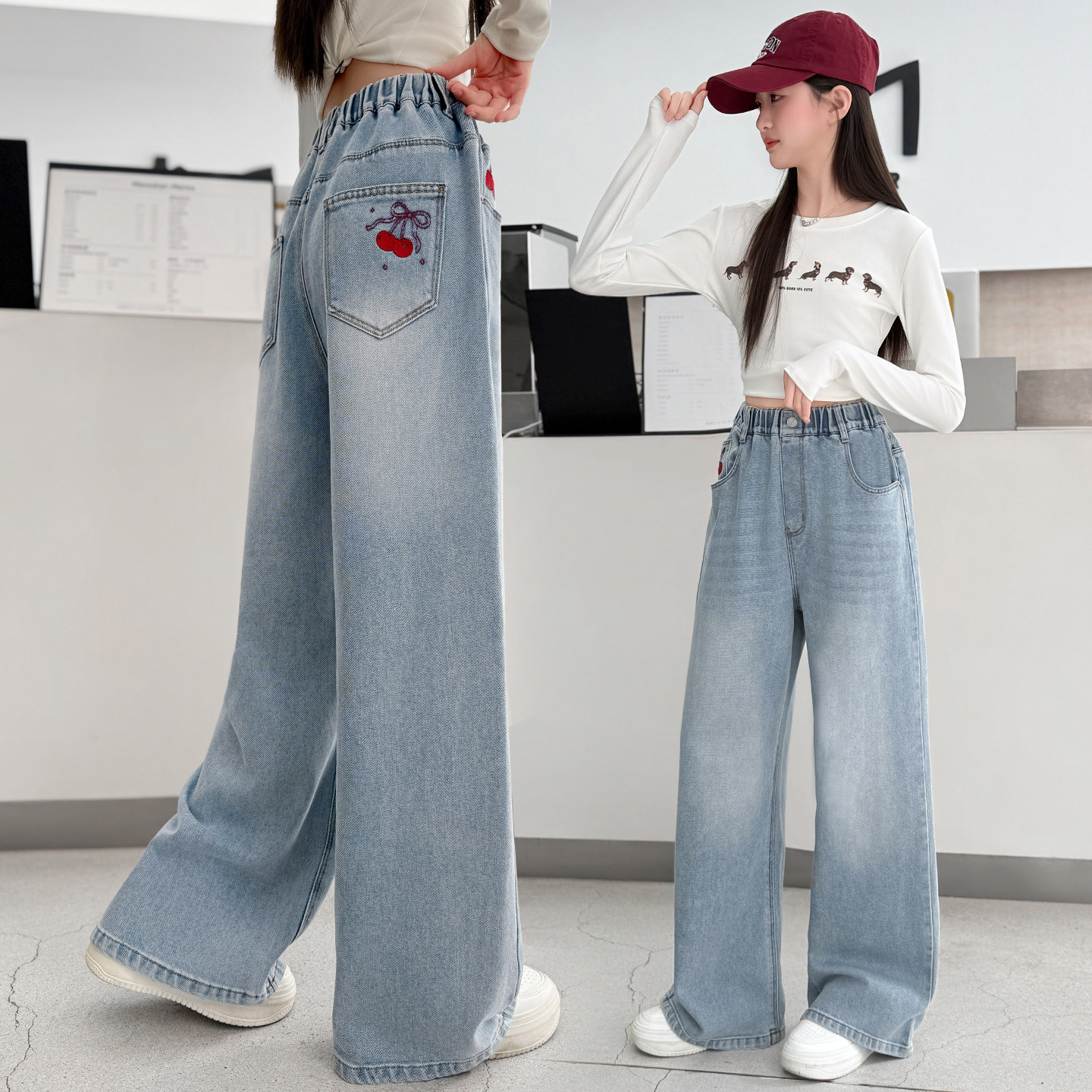 女童牛仔裤2026新款洋气外穿刺绣樱桃窄版直筒阔腿裤儿童裤子春秋,童装/婴儿装/亲子装,裤子,淘宝优惠券,粉丝福利购,淘宝优惠卷