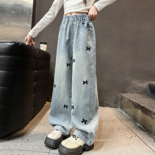 大童秋季 女童牛仔褲 春秋2025新款 秋裝 子 網紅燙鉆蝴蝶結闊腿兒童褲