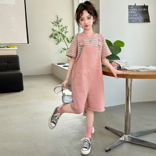 女童夏季套装2025新款夏装中大童纯棉短袖洋气背带短裤儿童两件套