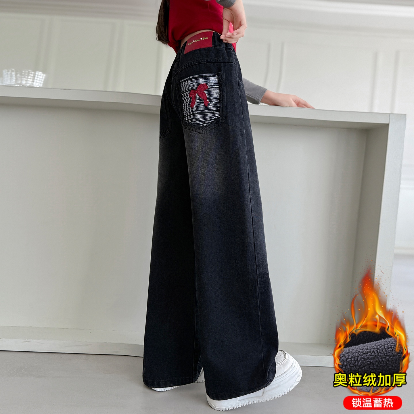 女童冬季加绒裤子2025新款潮刺绣蝴蝶结窄版阔腿裤儿童黑色牛仔裤