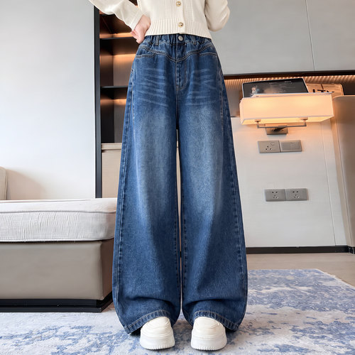 女童加绒裤子一体绒牛仔阔腿裤