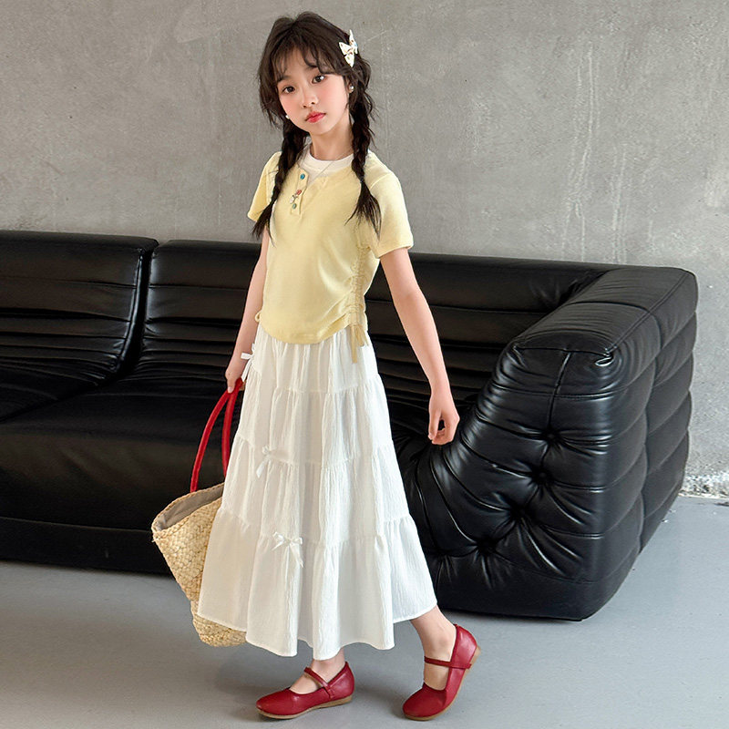 女童夏季裙子套装2025新款夏装女孩纯棉针织短袖休闲裤儿童两件套