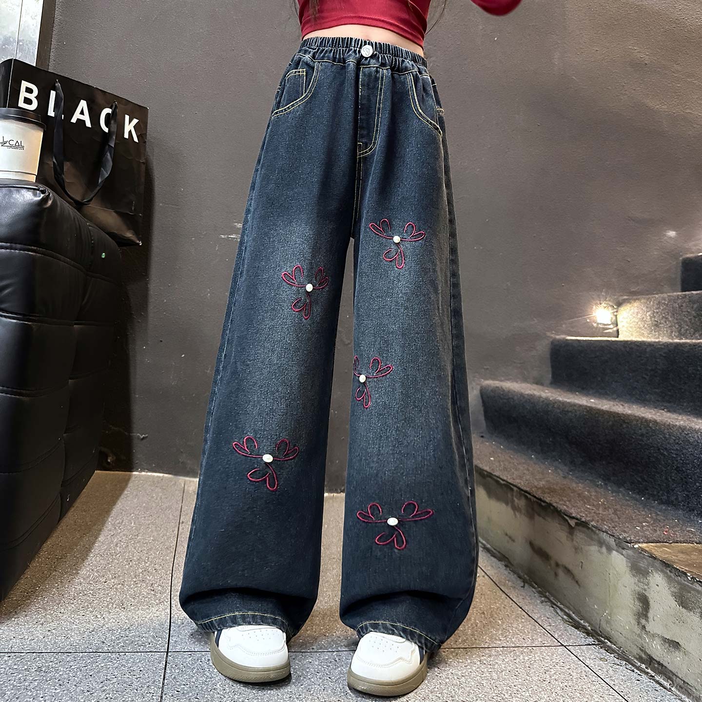 女童裤子刺绣牛仔阔腿裤秋冬新款