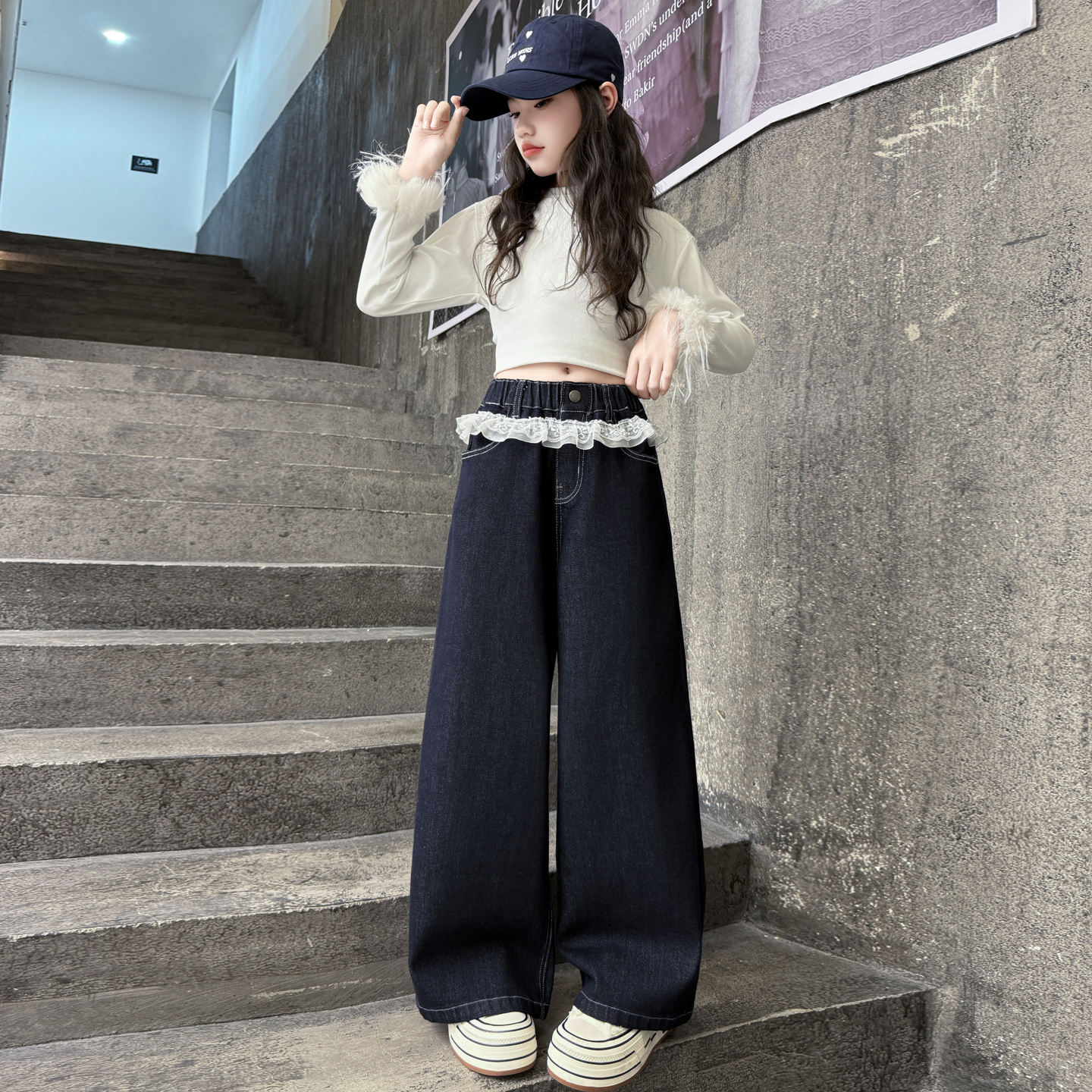 女童裤子洋气花边牛仔阔腿裤春秋