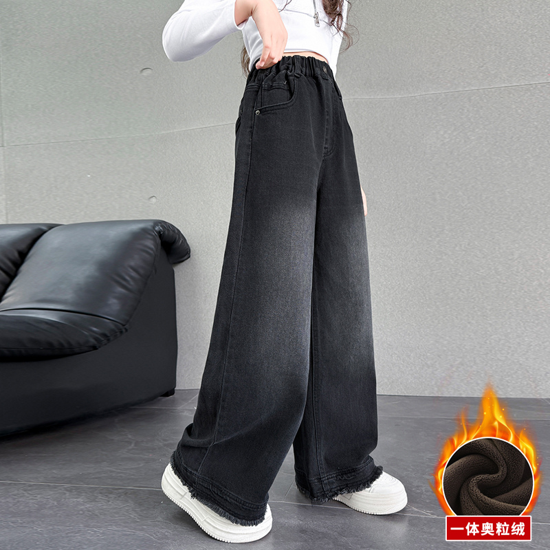 女童加绒裤子秋冬毛边牛仔阔腿裤