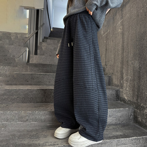 女童加绒裤子一体绒格子休闲裤