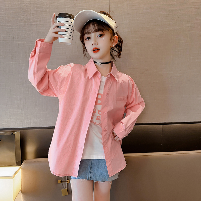 女童衬衫春秋2025新款秋装洋气时尚纯棉长袖衬衣儿童糖果色薄上衣