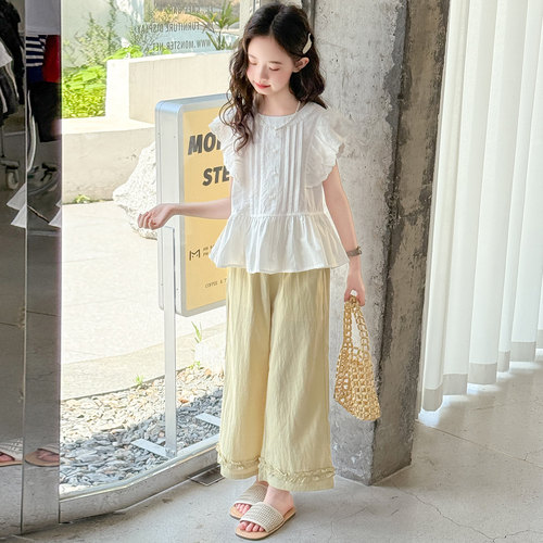 女童夏套装时尚毛边娃娃衫两件套