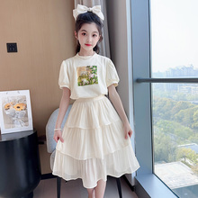 女童夏装套装2025新款女大童纯棉时尚短袖T恤儿童蛋糕裙夏季两件T