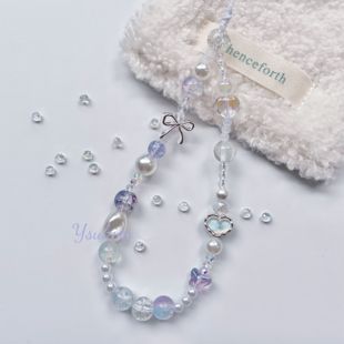 【月夏】自制韩国ins风爆闪浅紫色串珠水晶手机链挂绳ccd相机链