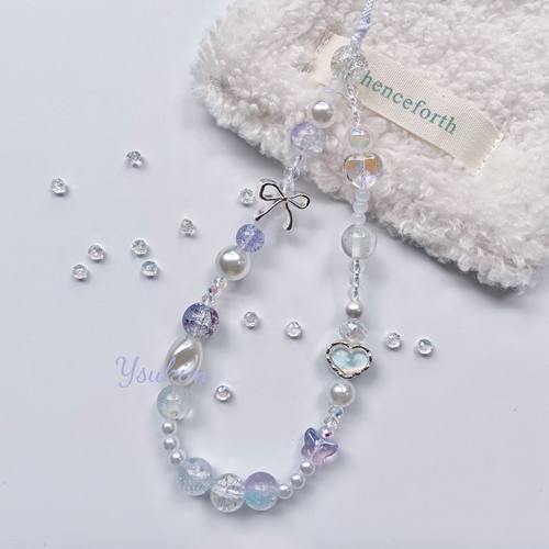 【月夏】自制韩国ins风爆闪浅紫色串珠水晶手机链挂绳ccd相机链